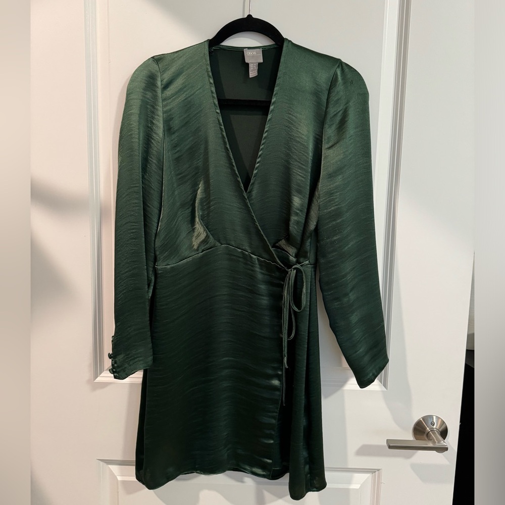 ASOS satin emerald green wrap mini dress, long-sleeve, women's size 6